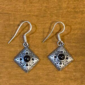 Handmade Tibetan Silver & Onyx Drop Earrings.